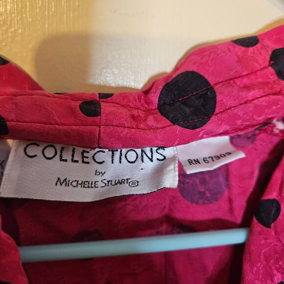 Collections By Michelle Stuart Size 6 100% Silk Polka Dot Pink Black Long Sleeve - Picture 3 of 9